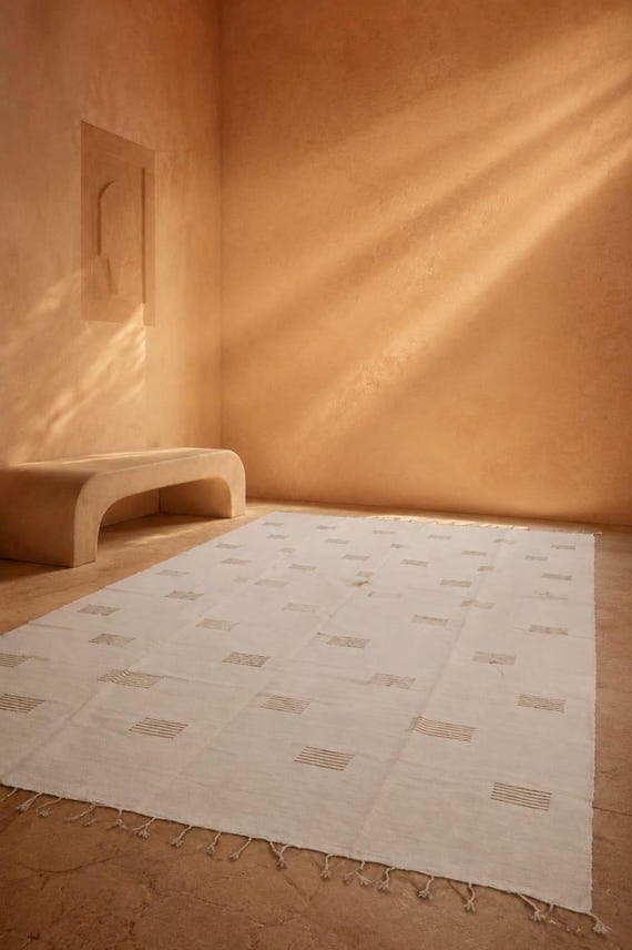 Lili : Neutral Moroccan Flatweave | Beige and White Minimalist Area Rug | Earthy Boho Sofa Throw Blanket